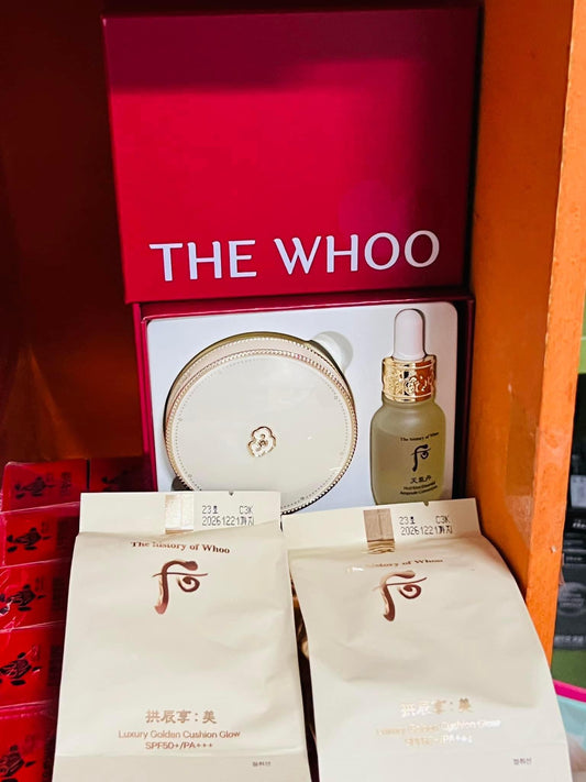 Set Phấn Nuớc Whoo Vàng  Cao Cấp1 phấn chính +2 Refill Mẫu Mới (WHOO Luxury Golden Cushion SPF50+++PA)